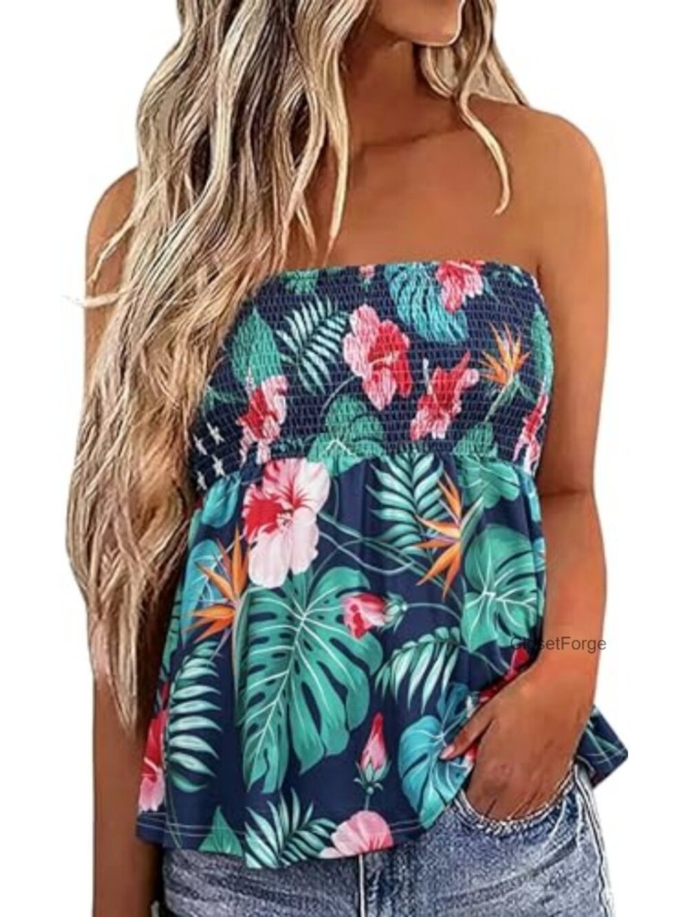 Smocked Tube Top Strapless Sleeveless Backless Ruffled Bandeau Summer Tank